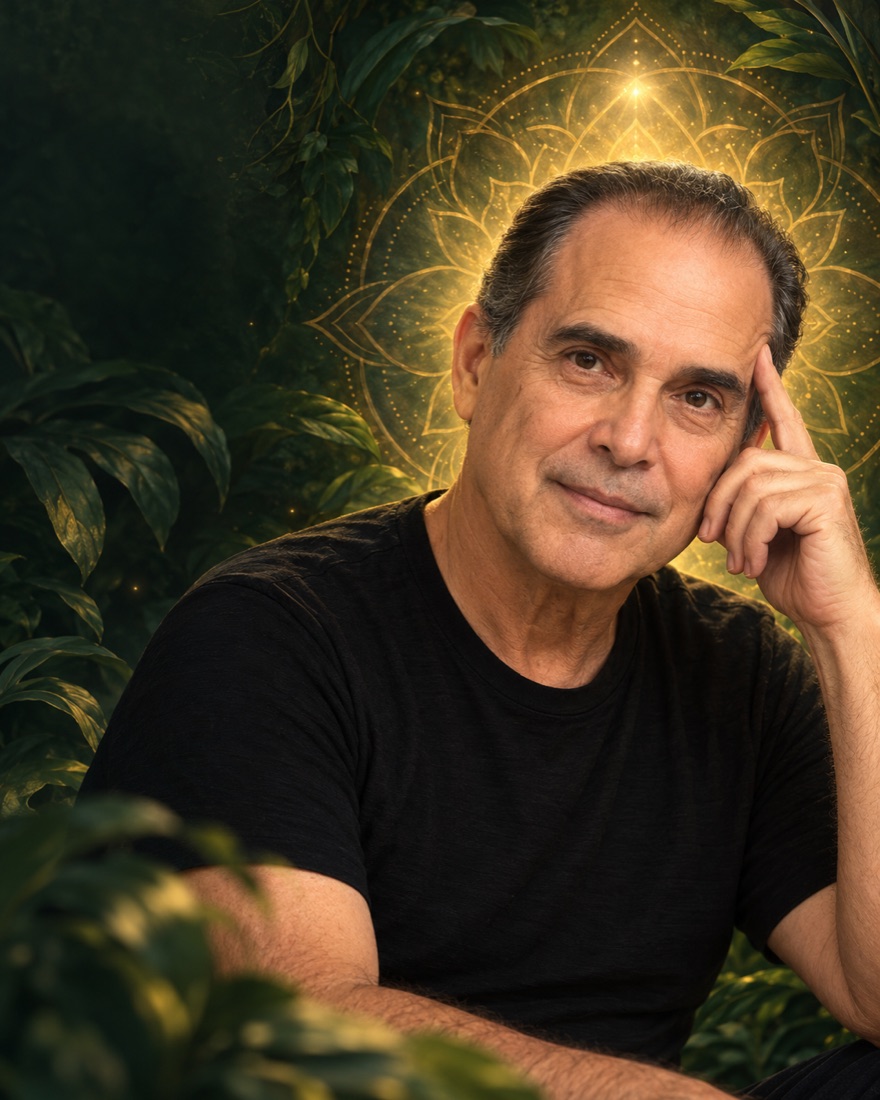 Frank Suárez en una composición visual verde y dorada
